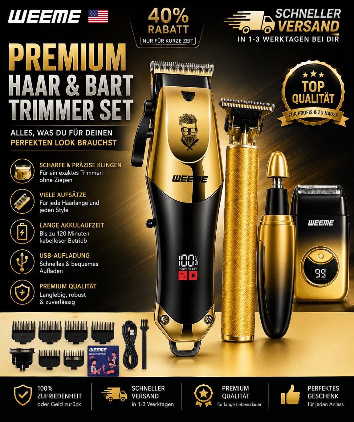 WEEME 4-in-1 Electric Hair Clipper Set Men Cordless Rechargeable Trimmer Nose Ea