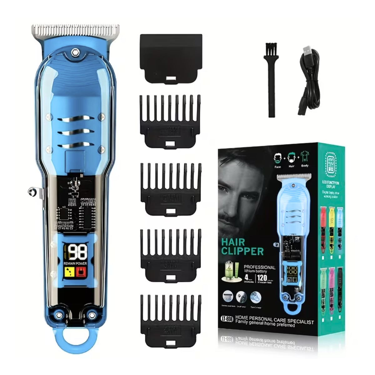 NEW – LCD RECHARGEABLE HAIR CLIPPERS SMART PORTABLE HAIR TRIMMER – BABY BLUE