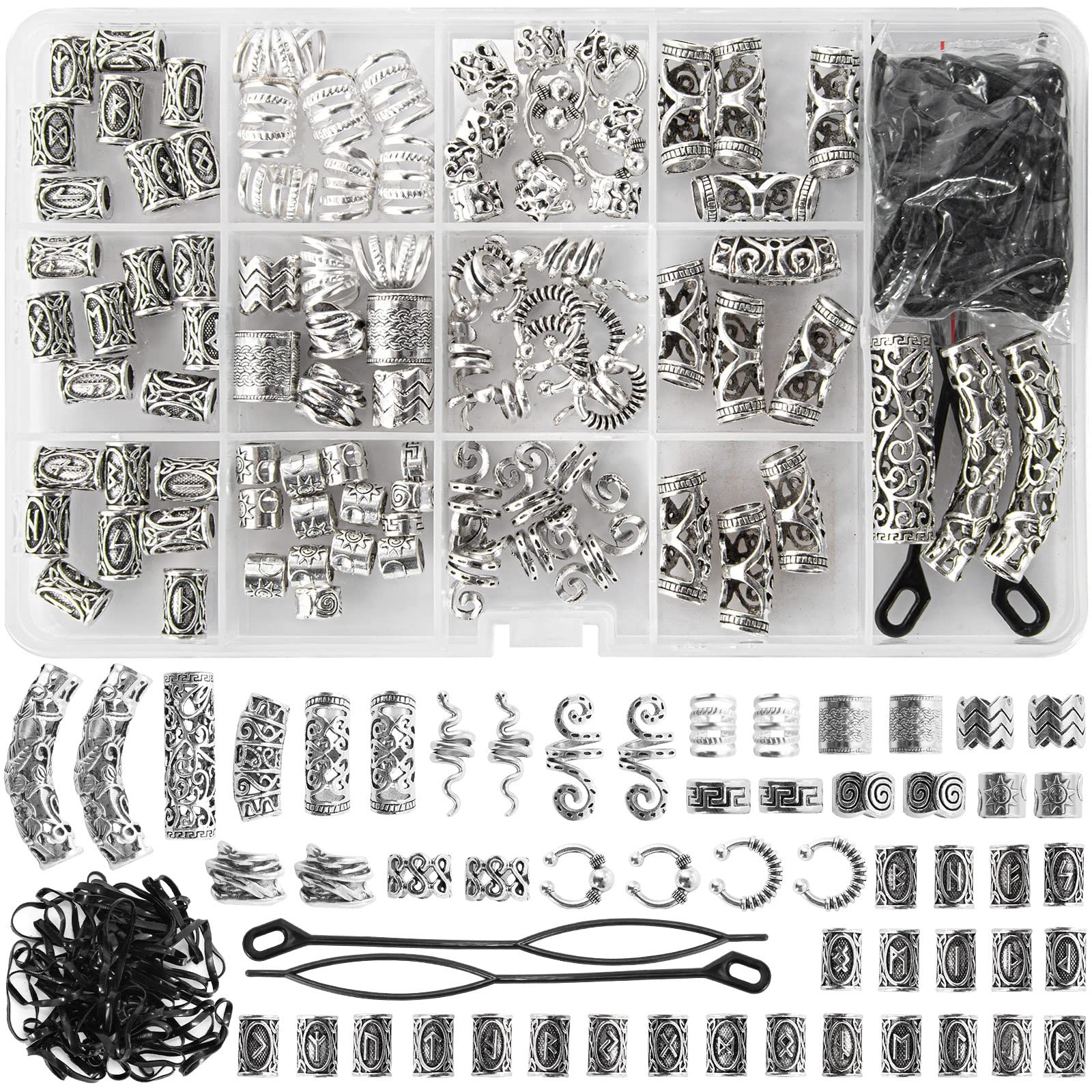 152PCS Vikings Hair Jewelry Norse Runes Tube 8.5 x 0.62 x 4.8 inches, Silver