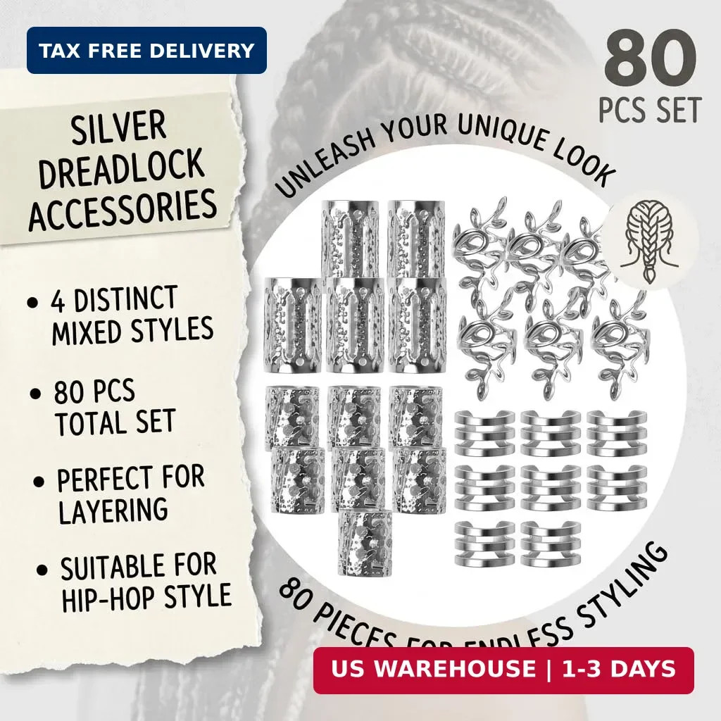 80PCS Silver Hair Jewelry for Dreadlock Braids, Hair Charms Accessories | 80Pcs