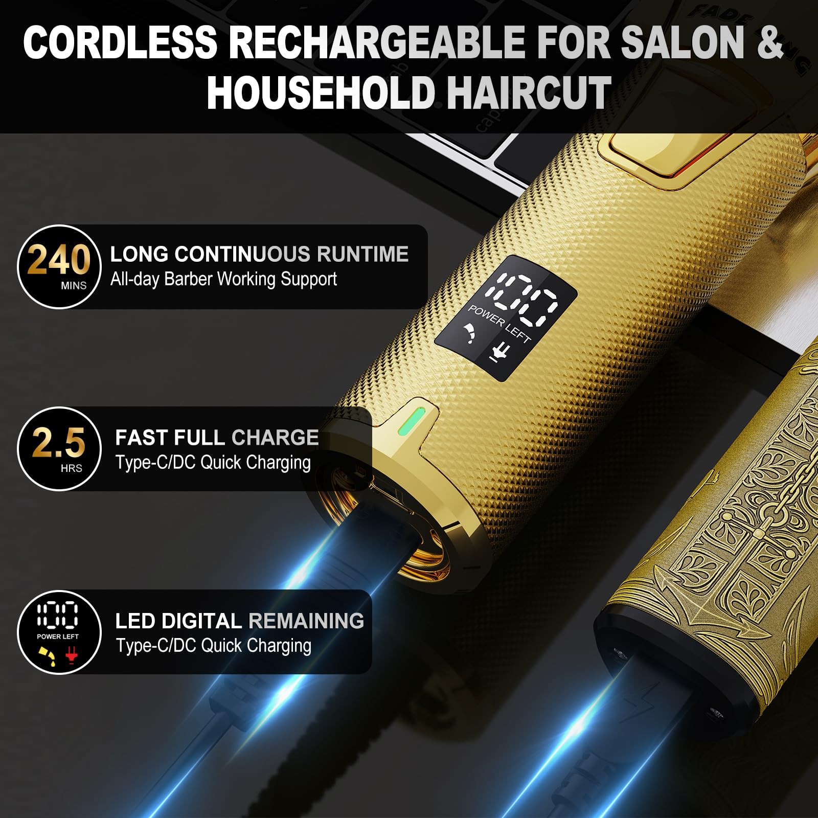 FADEKING® Professional Hair Clippers for Men – Cordless Barber Gold+bronze