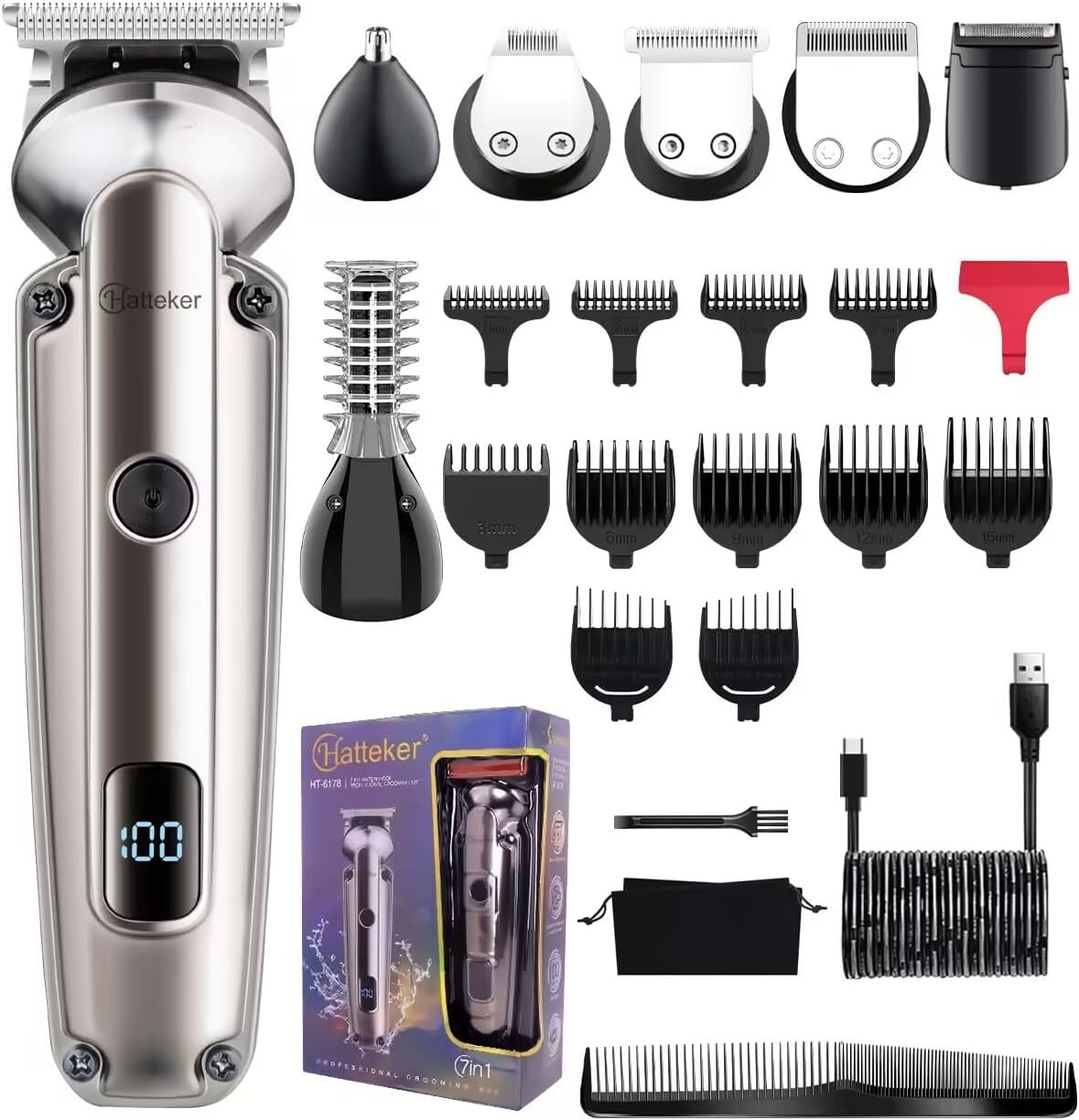Hatteker 7-in-1 Beard Trimmer for Men, Waterproof Hair Clippers