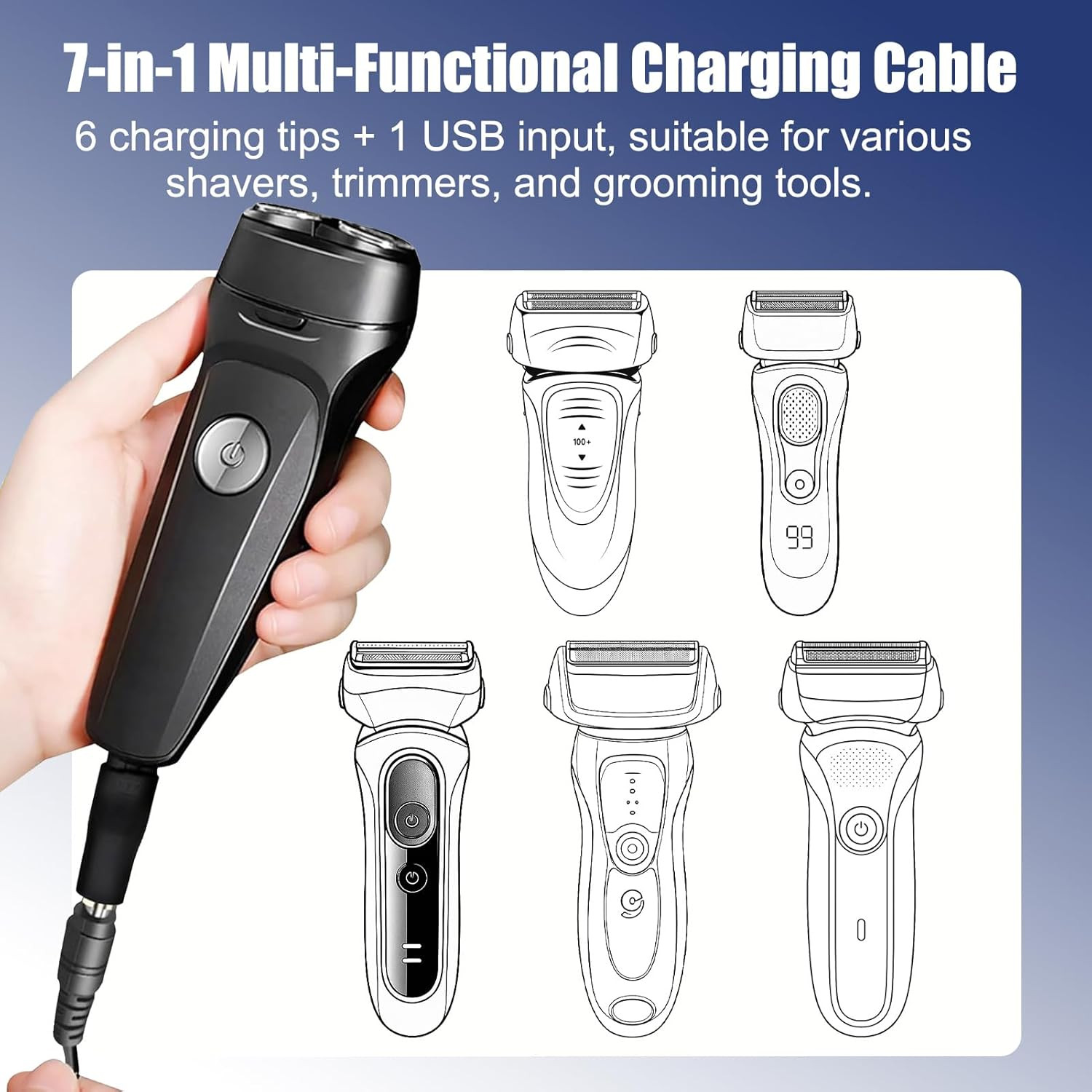 7-In-1 Shaver Trimmer Charger Cable USB to DC 5V with 6 Tips