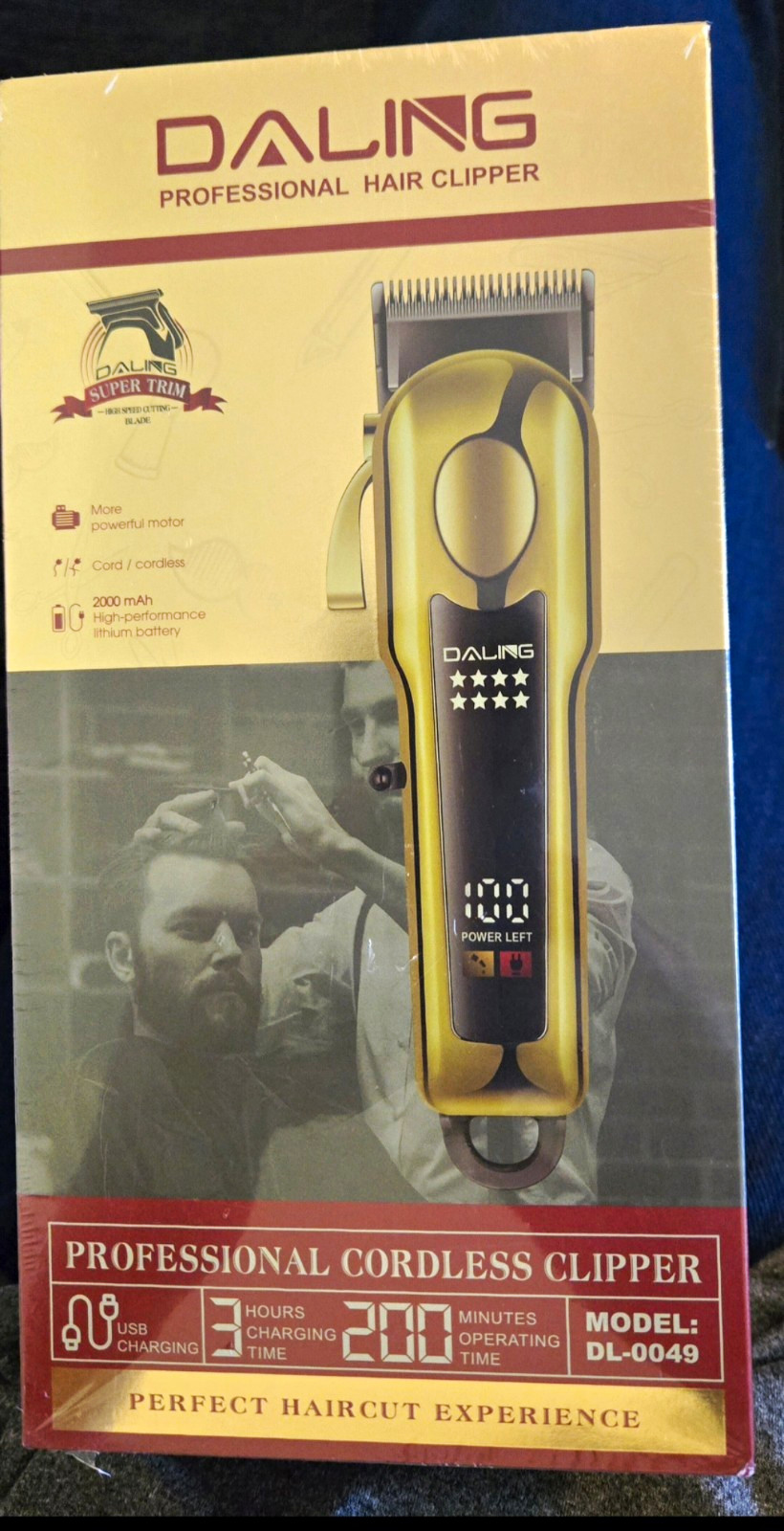 DALING DL-0049 Cordless Hair Clipper Gold/Black USB Rechargeable LCD Display
