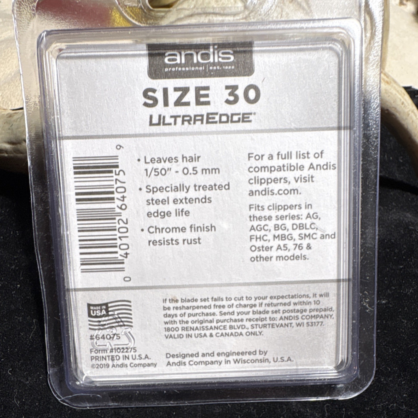 Andis UltraEdge Size 30 Clipper Blade 0.5mm Chrome Finish Fits AG BG SMC 64075