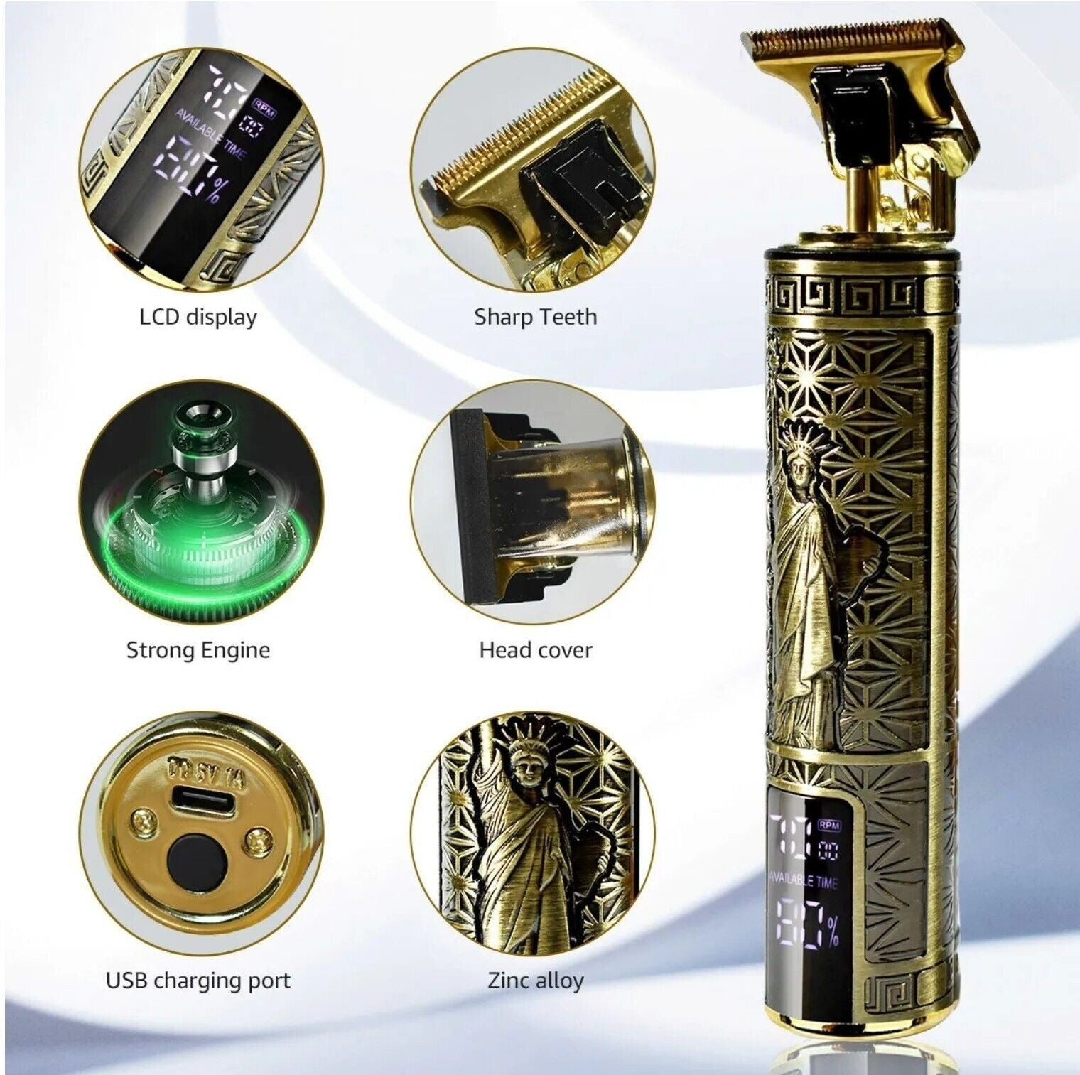 Gold T-Blade Trimmer Cordless USB Rechargeable LCD, 1-3mm, 15cm