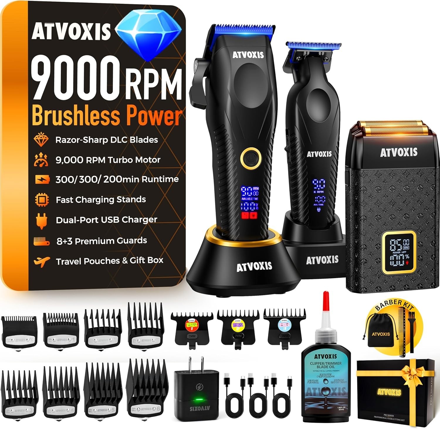 9000 RPM Brushless Motor Professional Hair Clippers Set for Men: Cordless