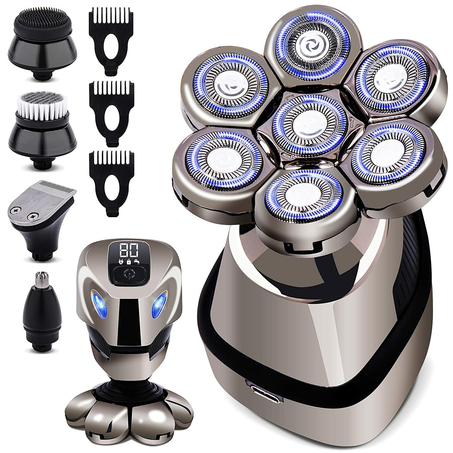 7D 5-in-1 Electric Head Razor for Bald Men, Anti-Pinch/Cordless/Rechargeable