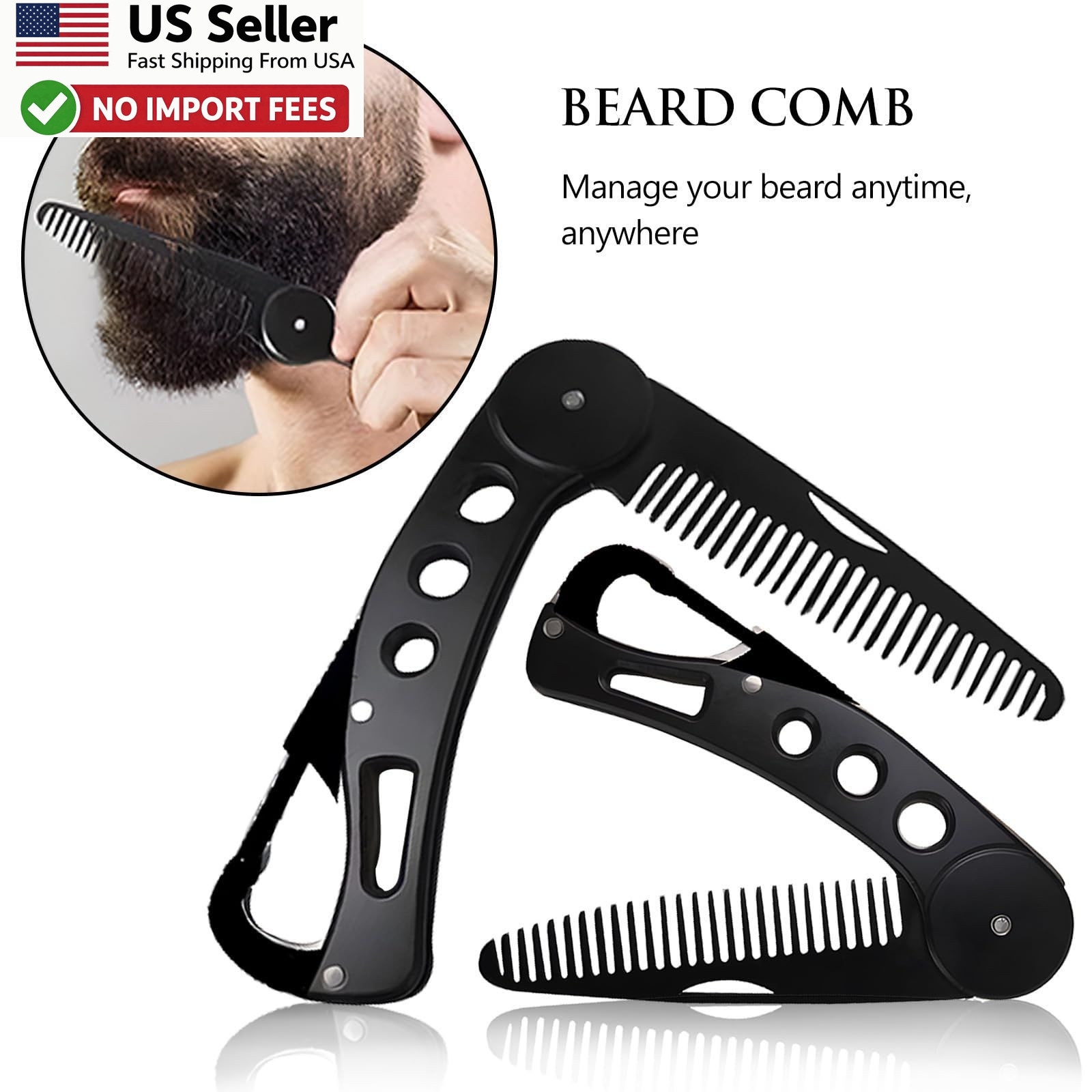 Stainless Steel Folding Beard Comb Portable Anti Static w Leather Case FROM USA