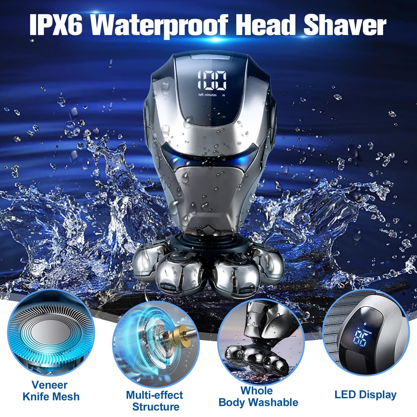 7D Cordless Shaver Hair Trimmer Men’s 5-in-1 Electric Head Shaver Razor Men Wet