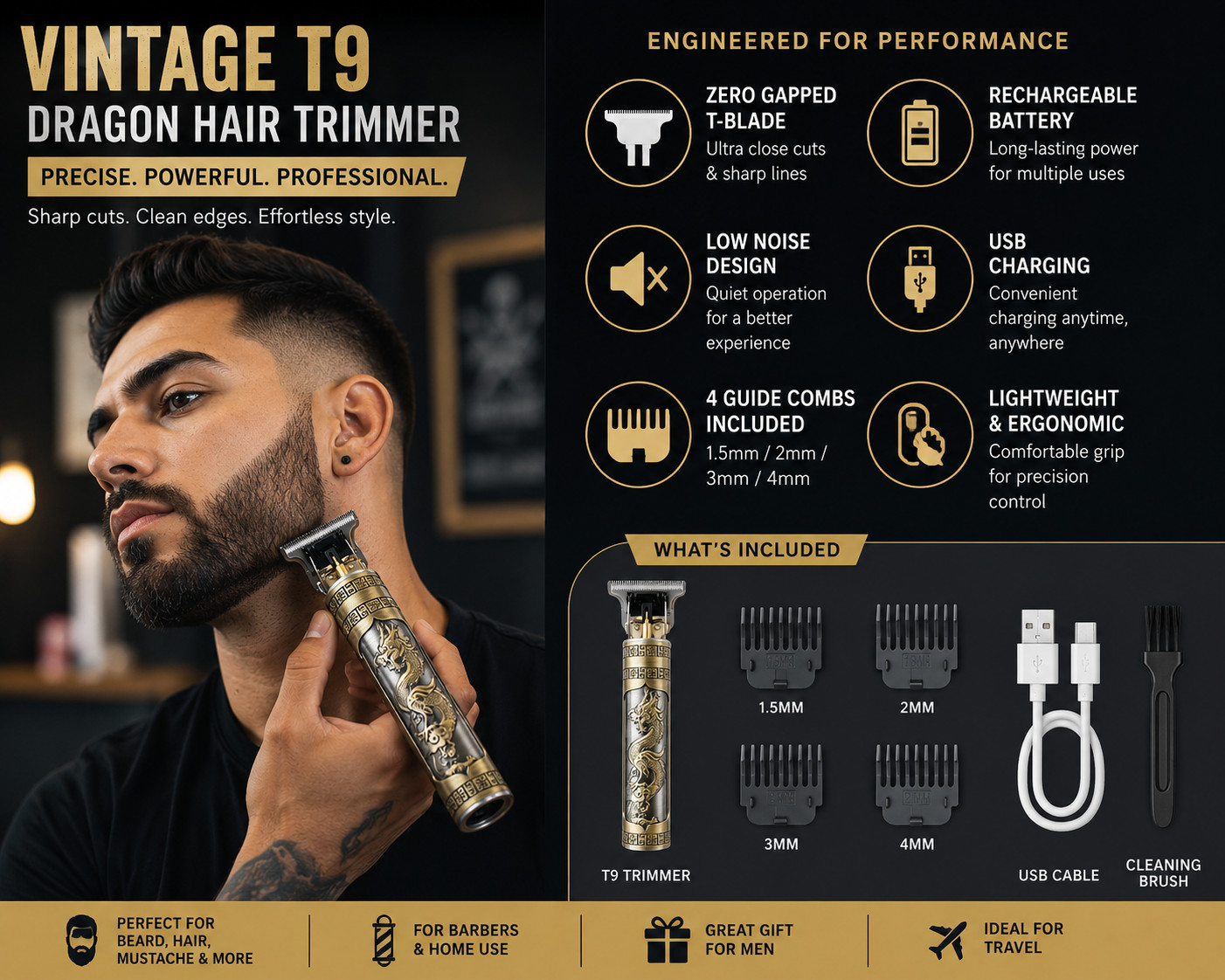 Vintage T9 Dragon Hair Trimmer Cordless Beard Clipper USB Rechargeable Men