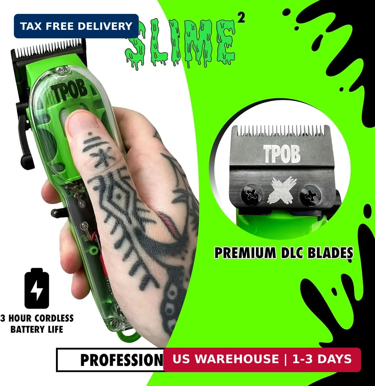 Slime 2 Barber Hair Clippers for Men 6800 RPM with Matte Green Case and X F