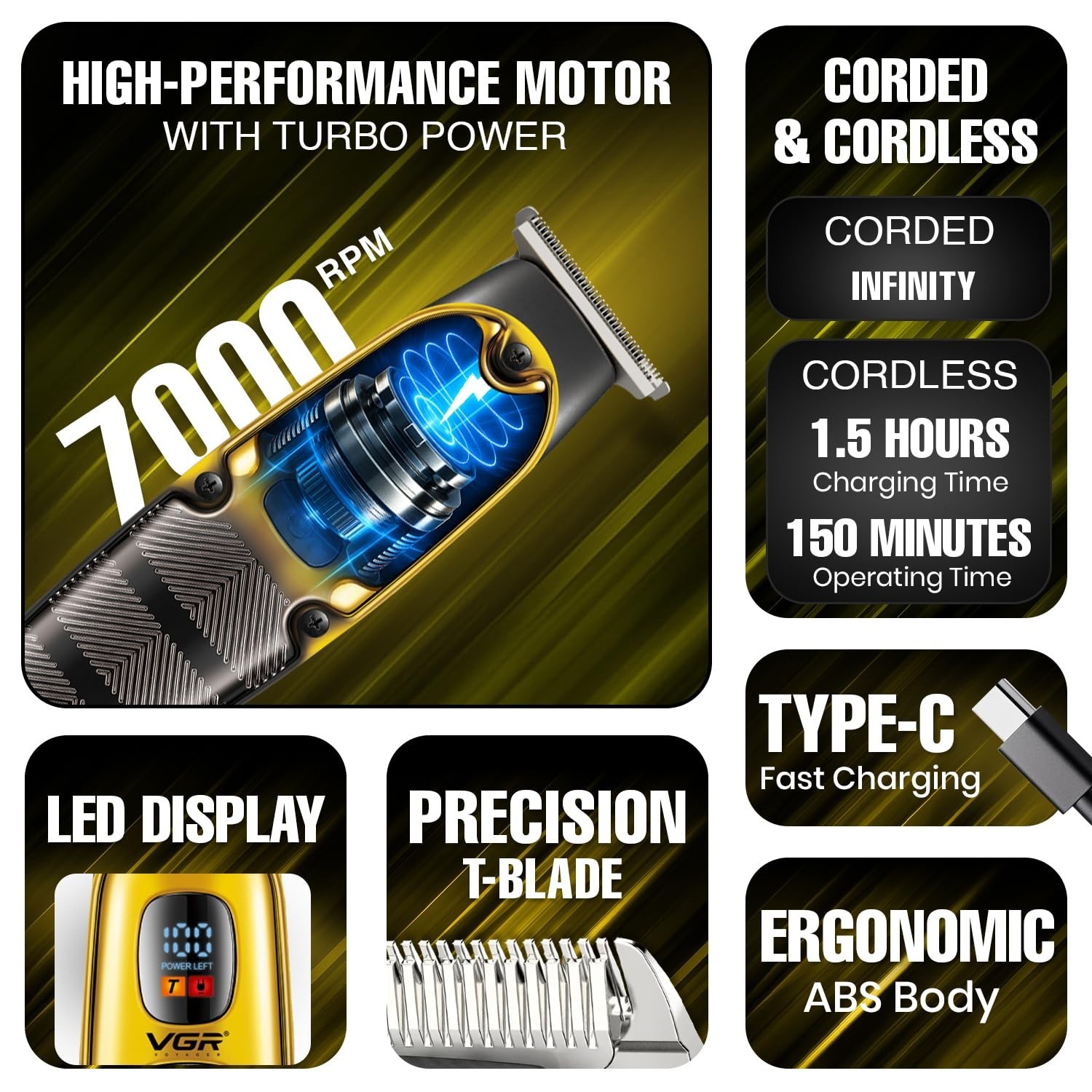 VGR V-981 Professional Hair Trimmer for Men,V-981,Gold