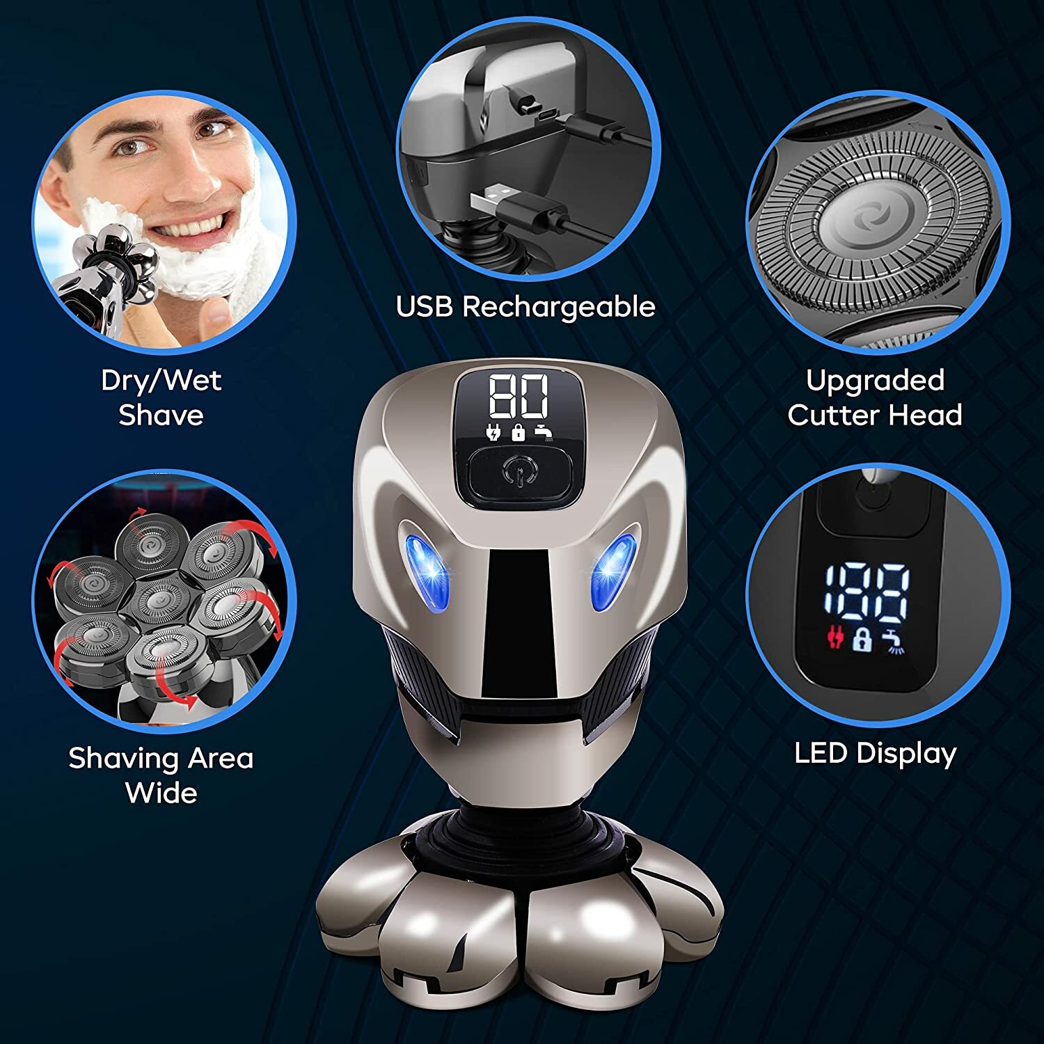 7D Cordless Shaver Hair Trimmer Men’s 5-in-1 Electric Head Shaver Razor Men Wet