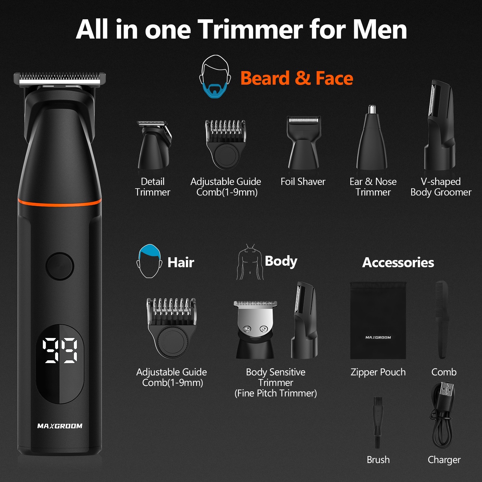 MAXGROOM 4 in 1 Body Hair Trimmer Kit for Men Pubic Hair Shaver Nose Beard Trimm