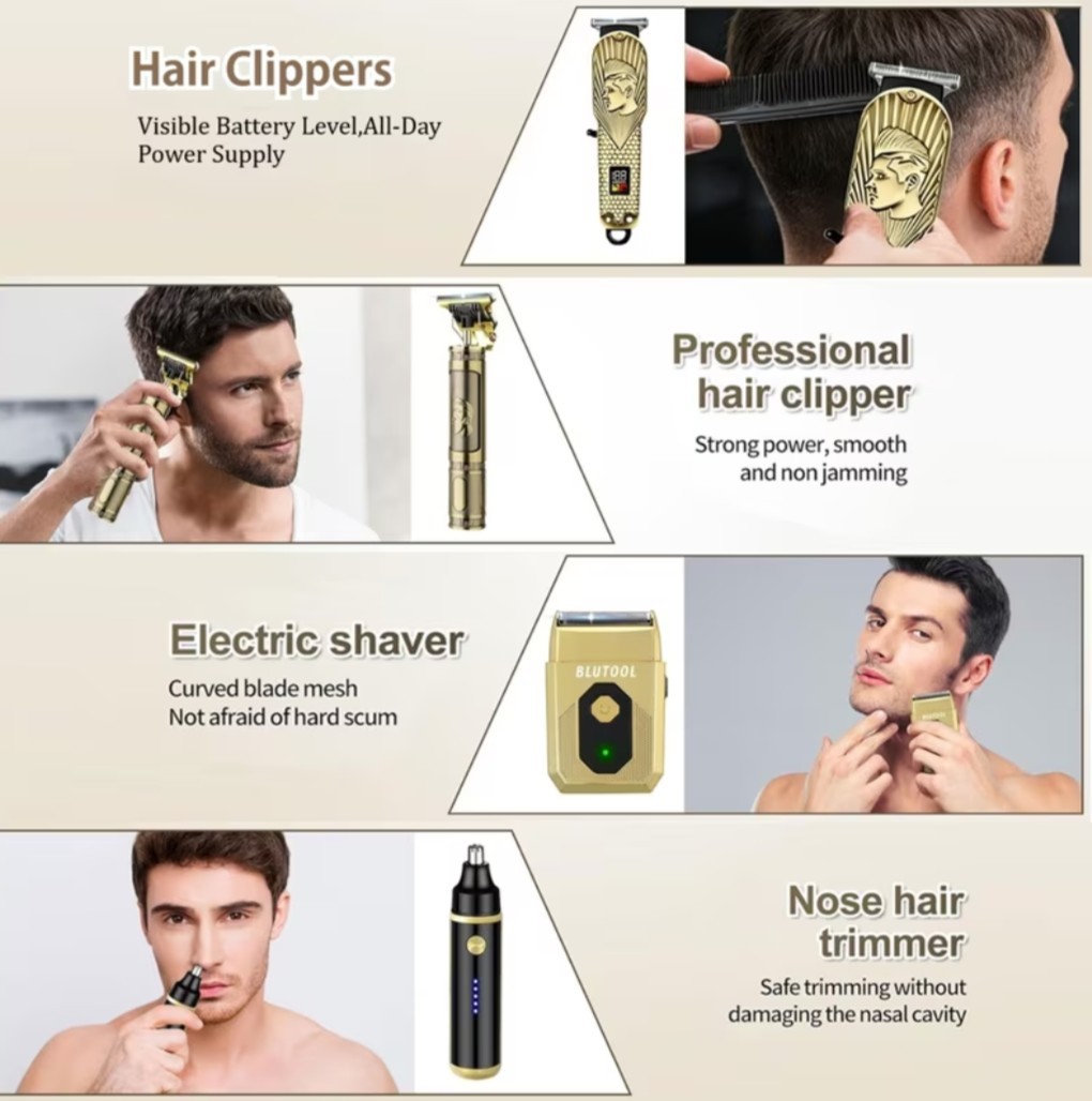 MEN’S GOLD 4-IN-1 CORDLESS HAIR CLIPPERS & BEARD TRIMMER WITH ELECTRIC SHAVER…