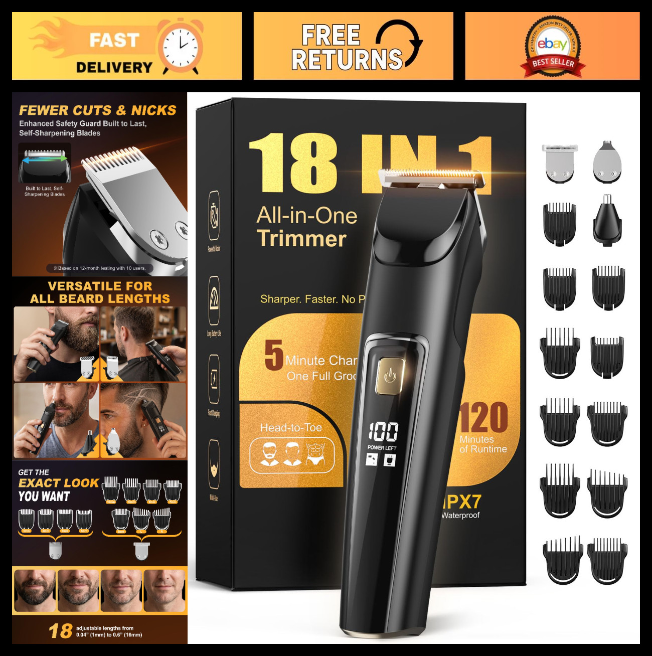 Cordless 18-in-1 Beard Trimmer & Hair Clipper Kit, Waterproof Grooming Set, Rech