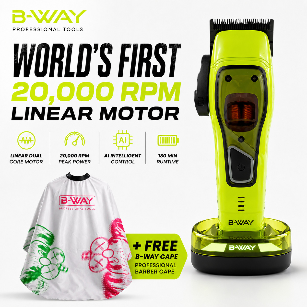 B-WAY Linear Professional Cordless Hair Clipper 20000 RPM AI Dual Coil Motor