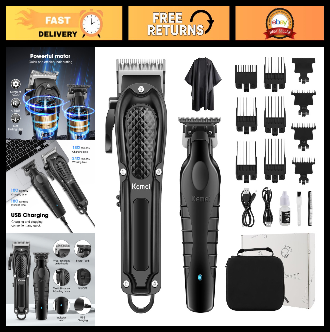 Professional Cordless Hair Clippers Set for Men, Rechargeable Trimmers Kit, Adju
