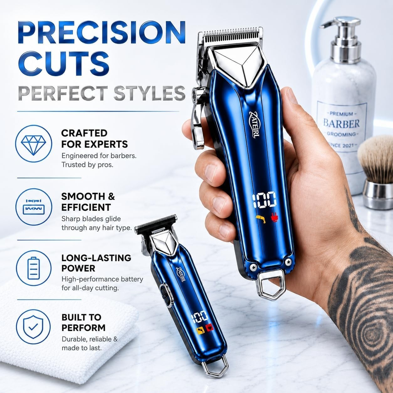 Cordless Hair Clipper & T Blade Trimmer Set Hair Cutting Grooming Kit Blue USB