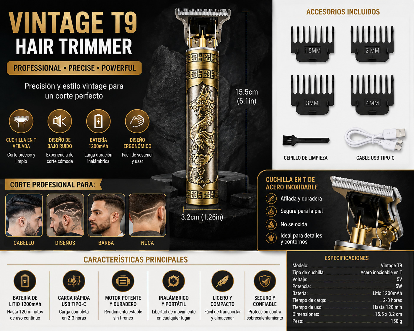 Vintage T9 Barbeador Dragon Beard Hair Trimmer Cutter Machine for Men