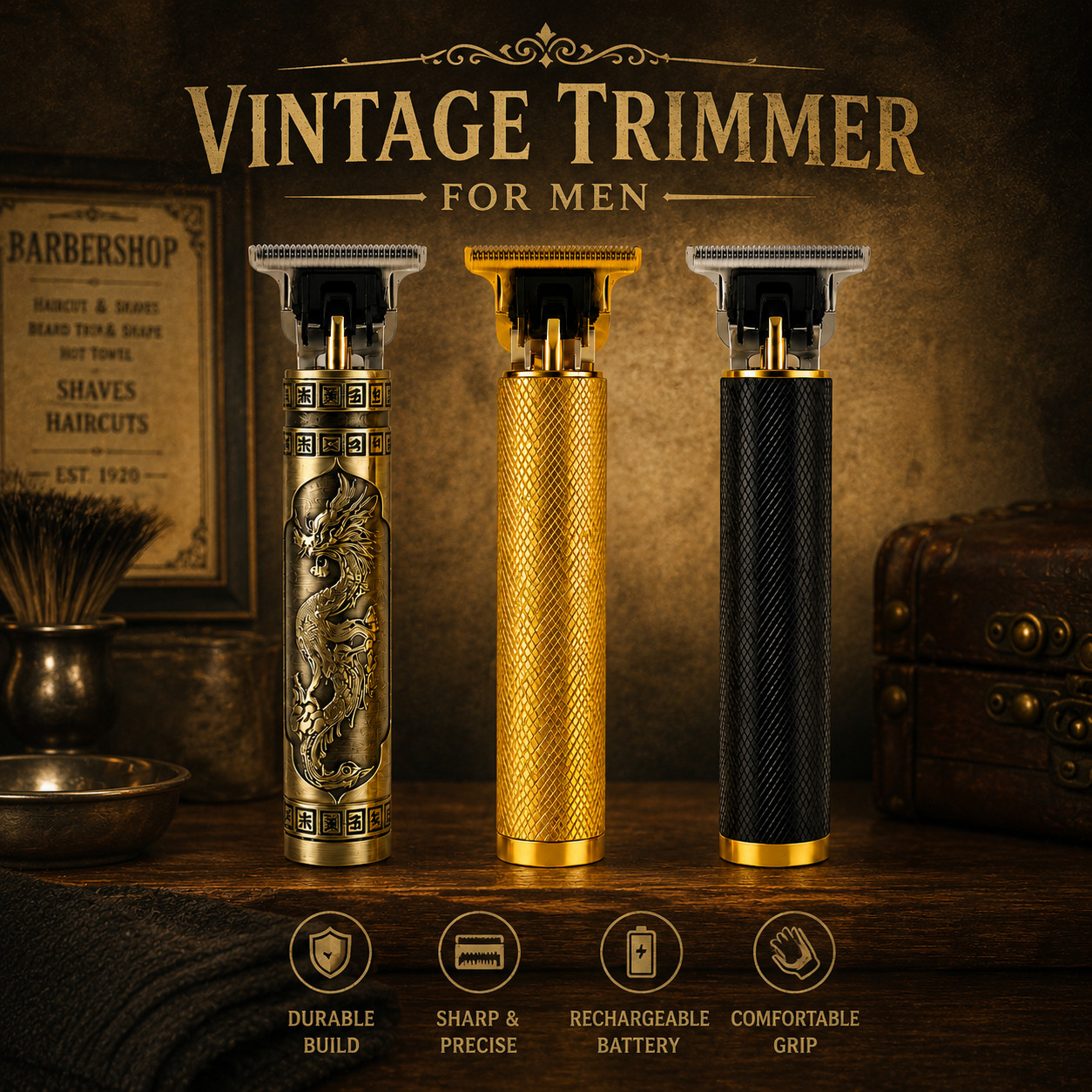 Vintage T9 Gold Dragon, black, gold Beard Hair Trimmer for Men Metal Cutter
