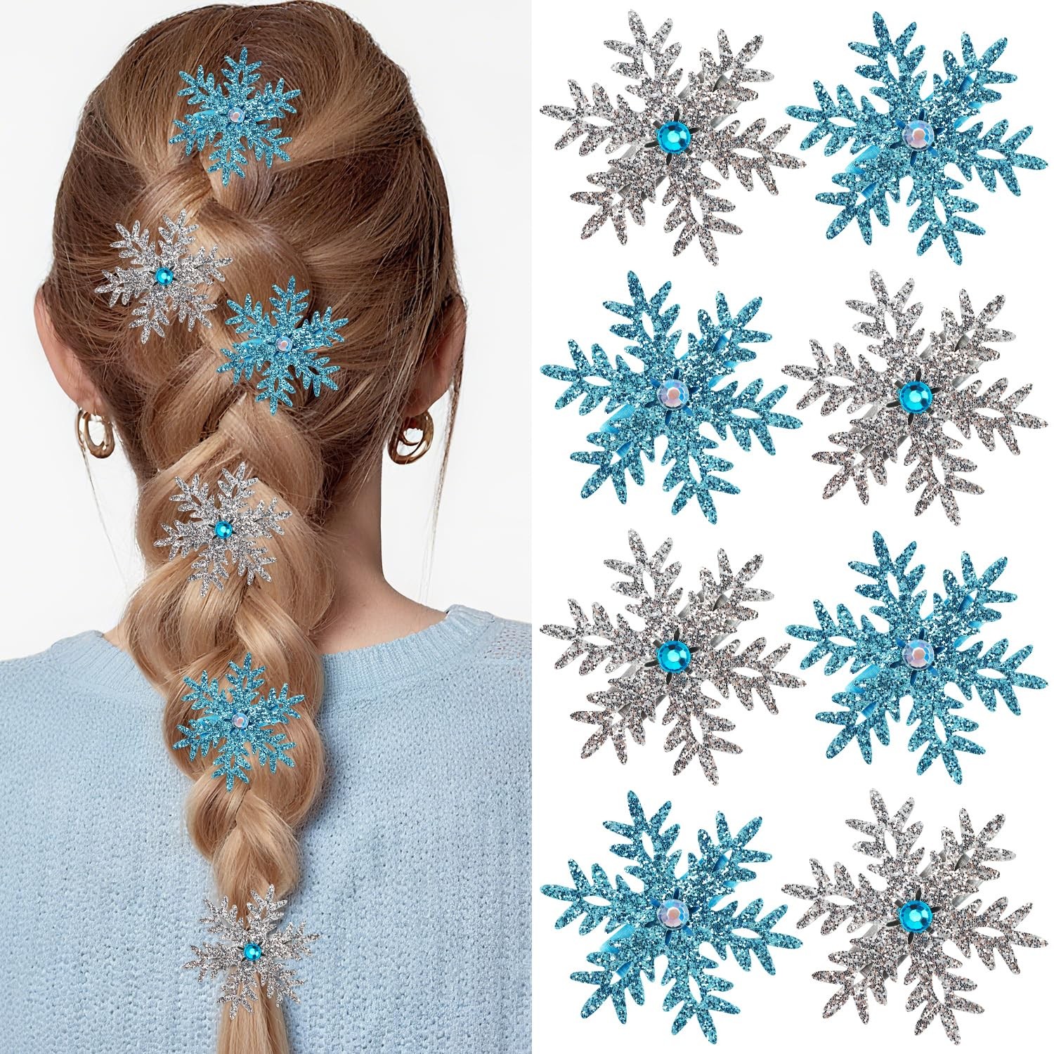 Atoden Sparkly Snowflake Hair Clips Barrettes 8Pcs Christmas Blue, Silver