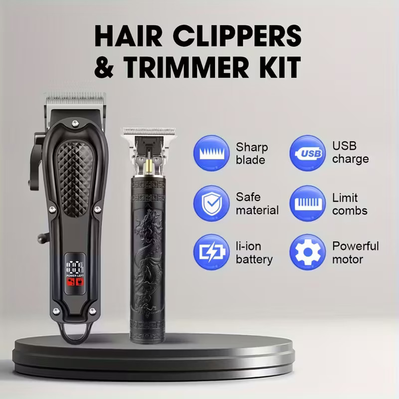 Professional Men Hair Clippers &Barber Clippers and Trimmer Set USB Rechargeable