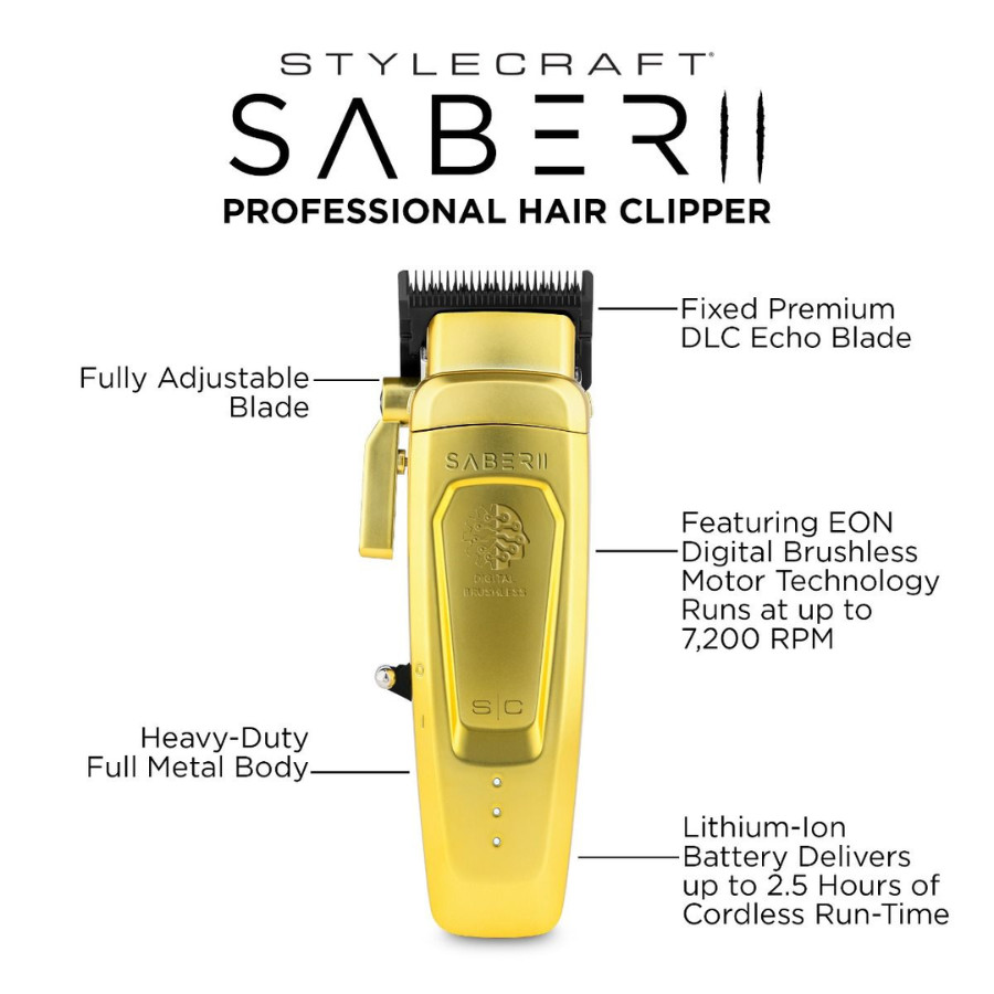 StyleCraft Saber 2.0 Professional Hair Clipper and Trimmer Gold | Set