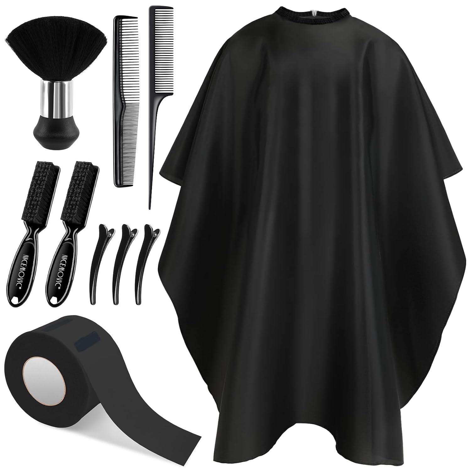 Black 10 in 1 Hair Cutting Barber Cape with Neck Duster Brush and Strips