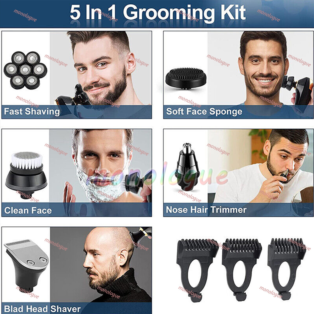 7D 5-in-1 Shaver Cordless Hair Trimmer Bald Head Razor Electric For Men Wet Dry