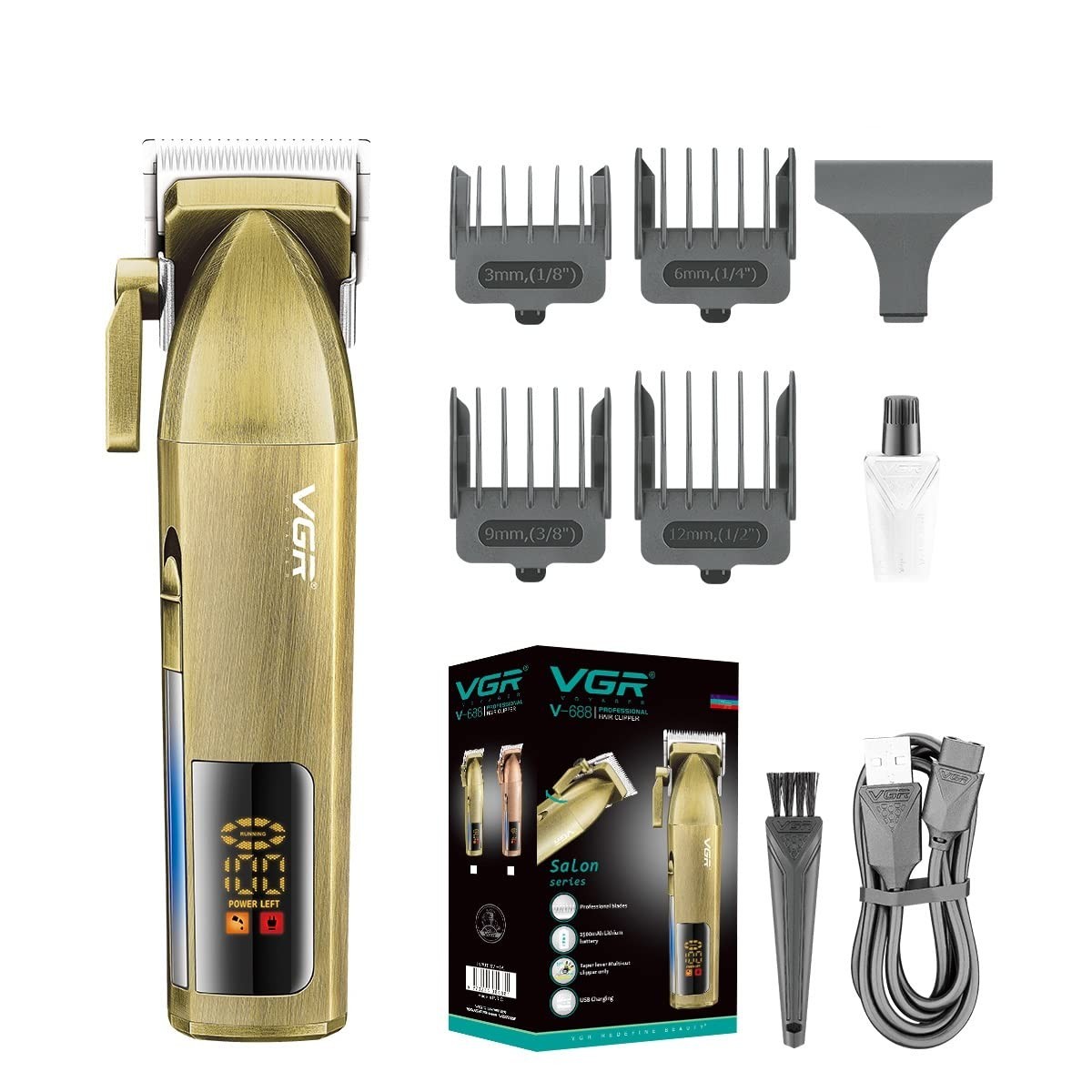 VGR V-688 Cordless Hair Clipper Digital Display 300-Minute Runtime Gold Groomer
