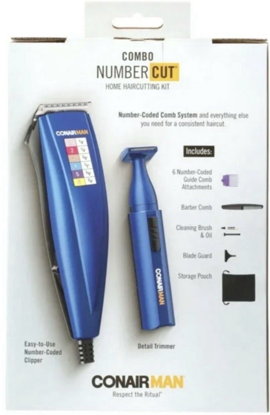 ConairMAN Combo Number Cut Self-Sharpening Clipper & Trimmer Kit Blue #1-5