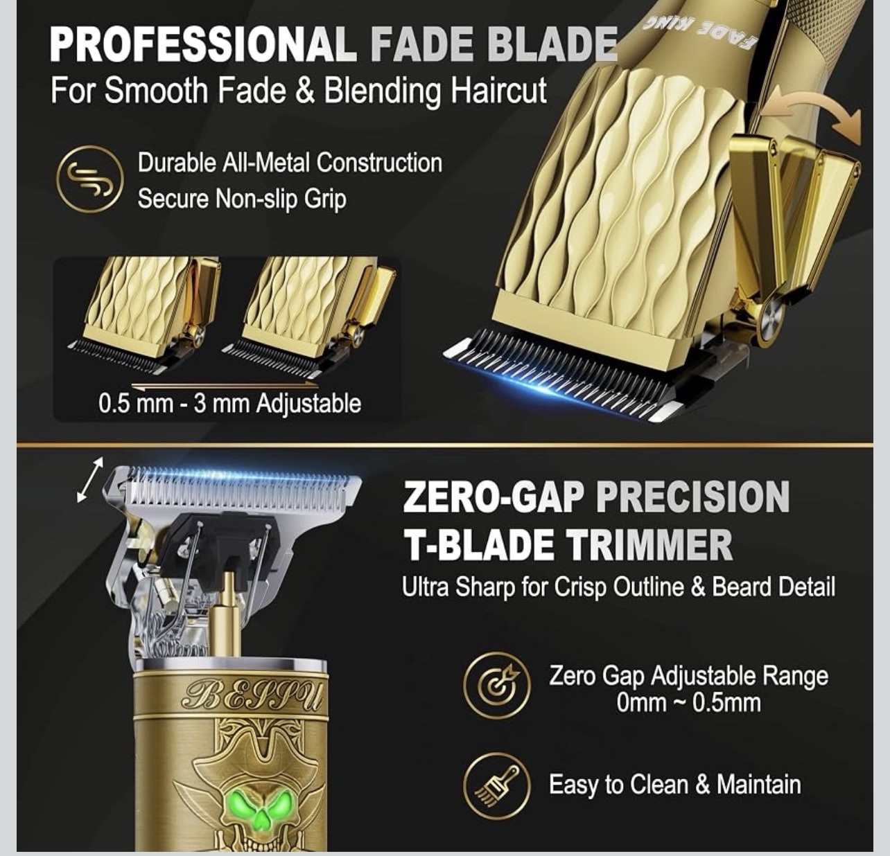 FADE KING FK-807 Cordless USB Haircutting Kit 2 Heads Unisex Gold/Black