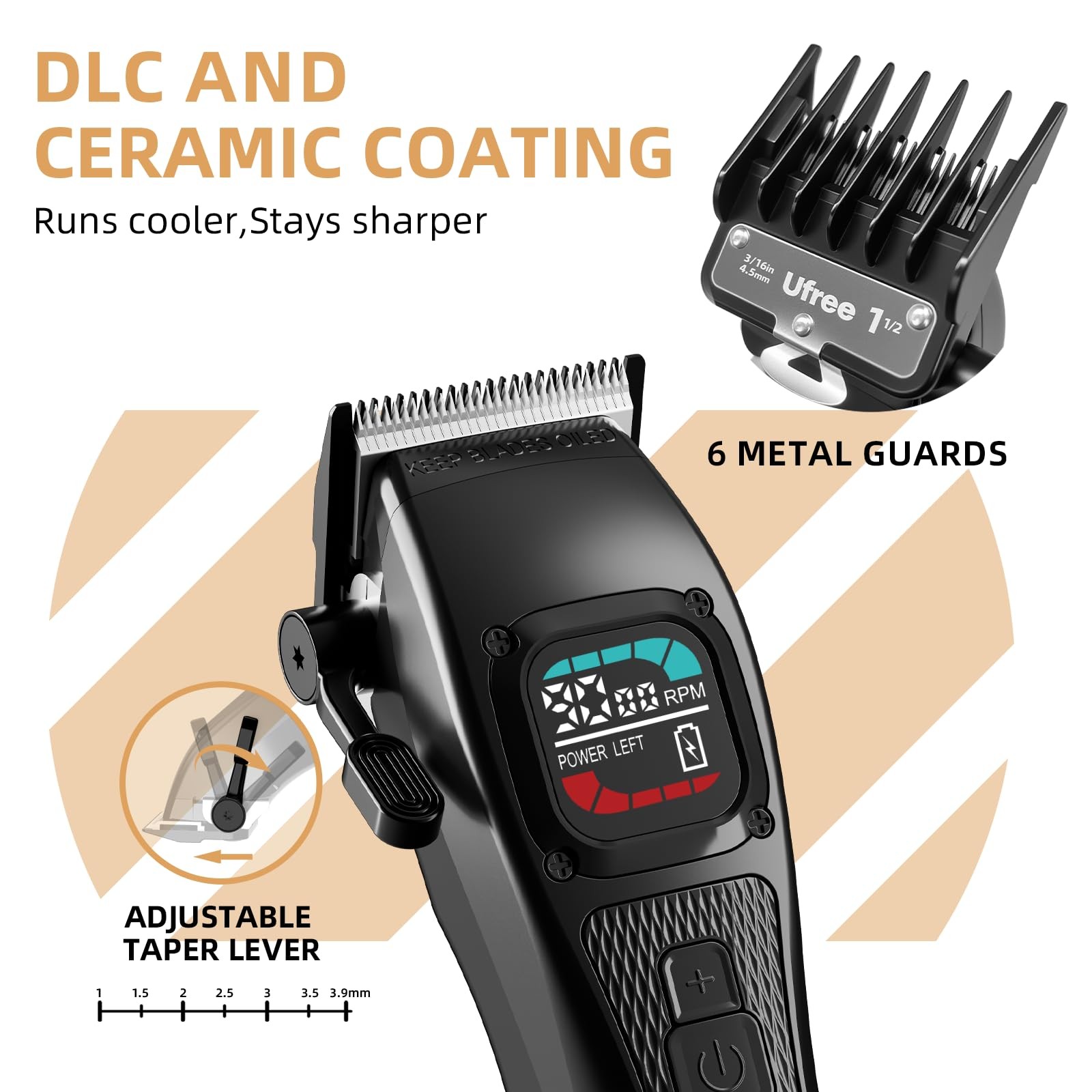 Ufree Hair Clippers for Men, 9000 RPM Brushless Motor, DLC Blades, 5 Speeds