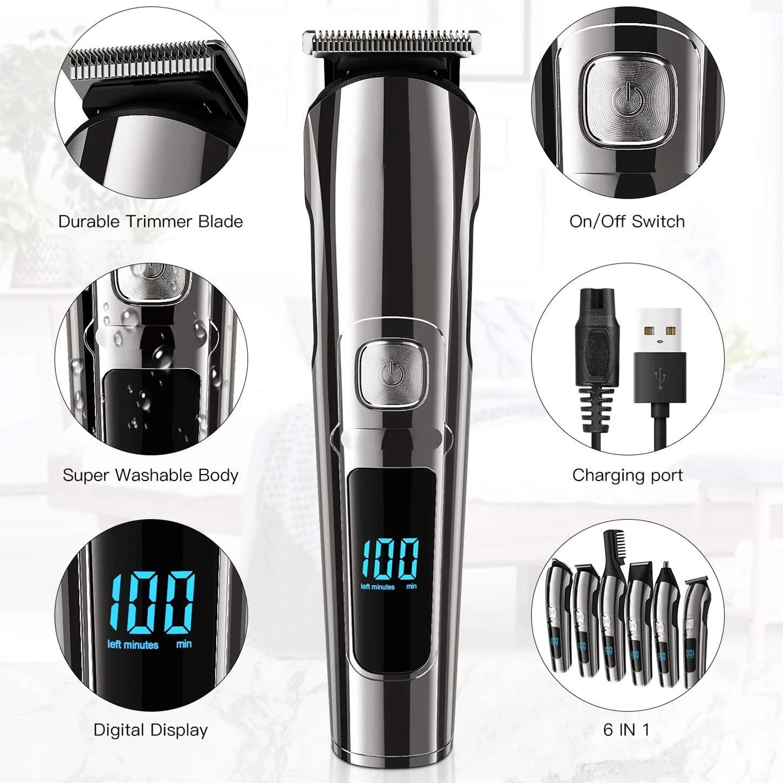 USA Stainless Steel Electric Shaver Lithium Ion 2.0+Beard Trimmer for Men/Barber