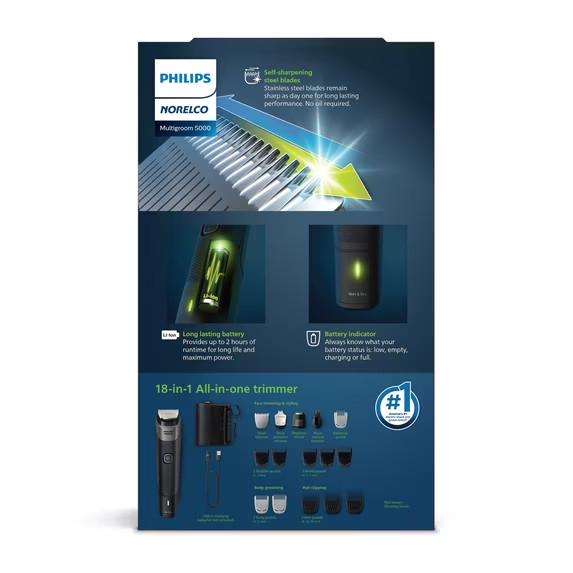 Philips Norelco Multigroom Series 5000 18 Piece, Beard Face, Hair, Body and Inti