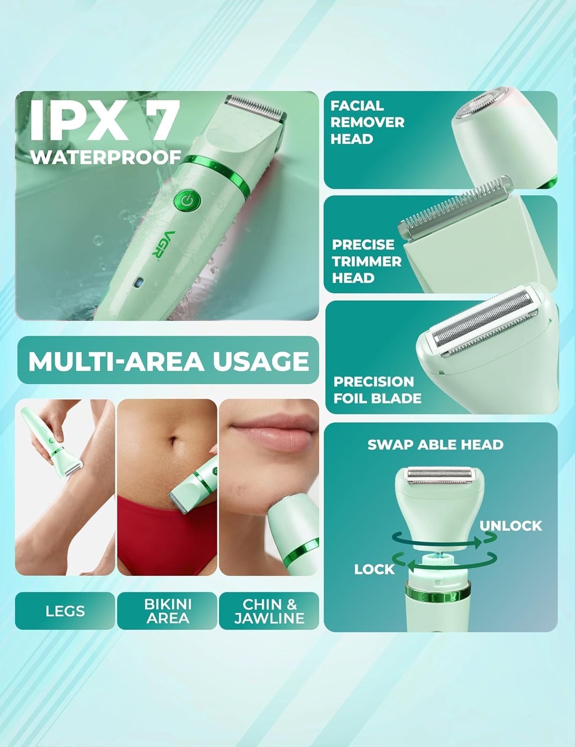 VGR V-735 3-in-1 Lady Shaver Waterproof USB-C Rechargeable Trimmer Green
