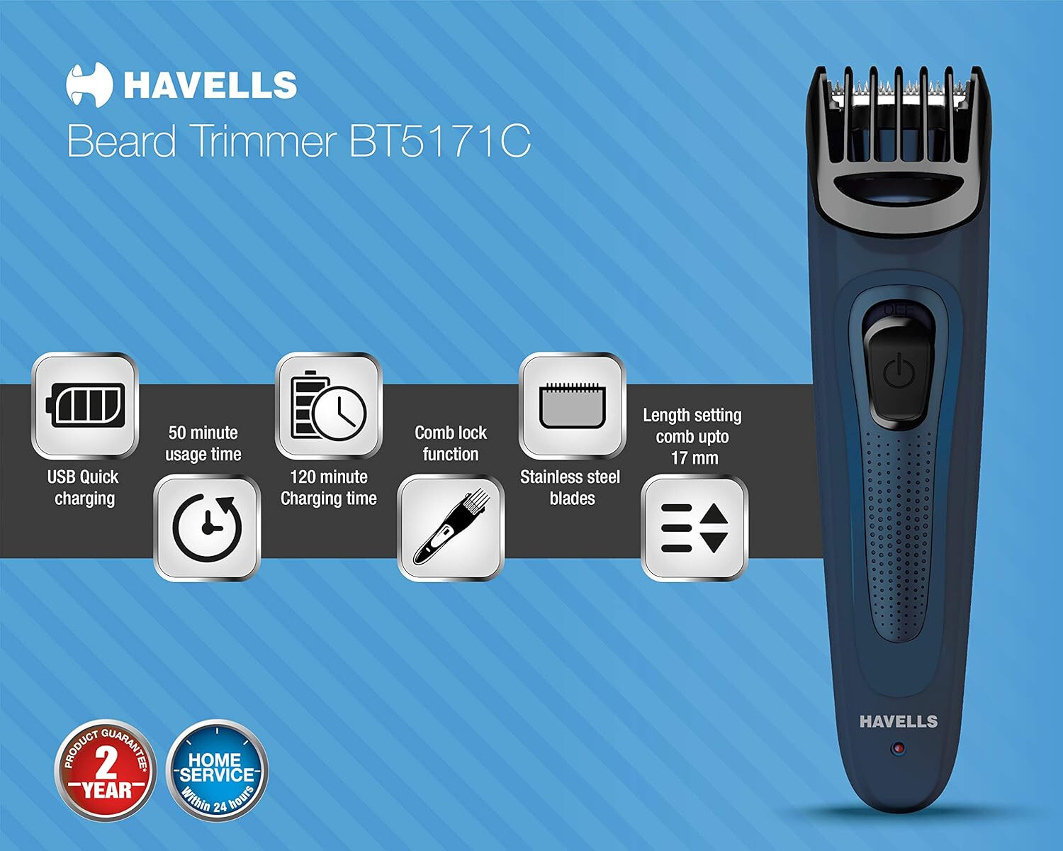 Havells BT5171C Cordless Beard Trimmer (Blue) BT5171C,