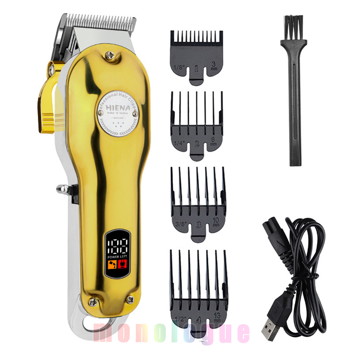 All metal Barber Professional Hair Clipper Electric Cordless LCD Trimmer Silver