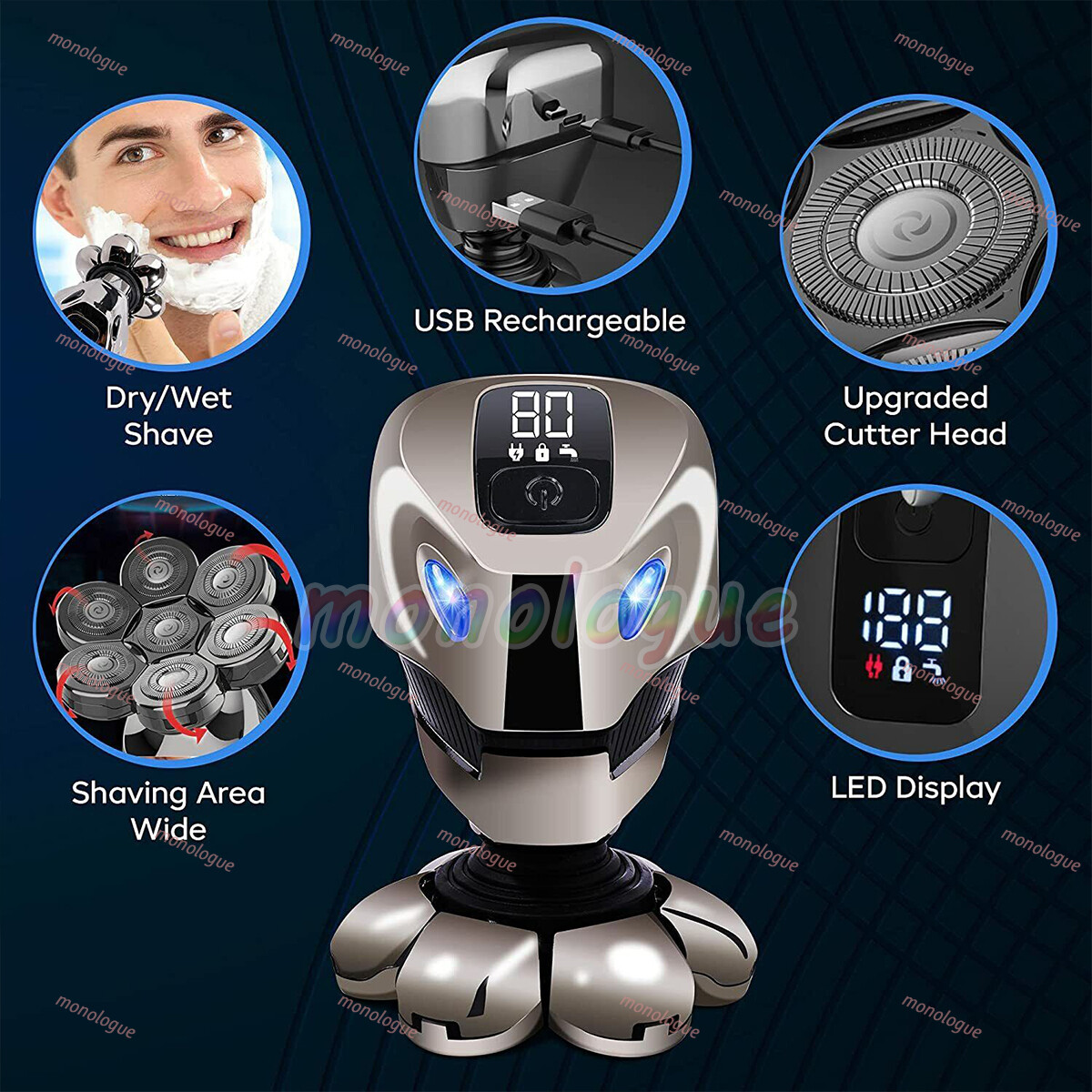 7D 5-in-1 Shaver Cordless Hair Trimmer Bald Head Razor Electric For Men Wet Dry