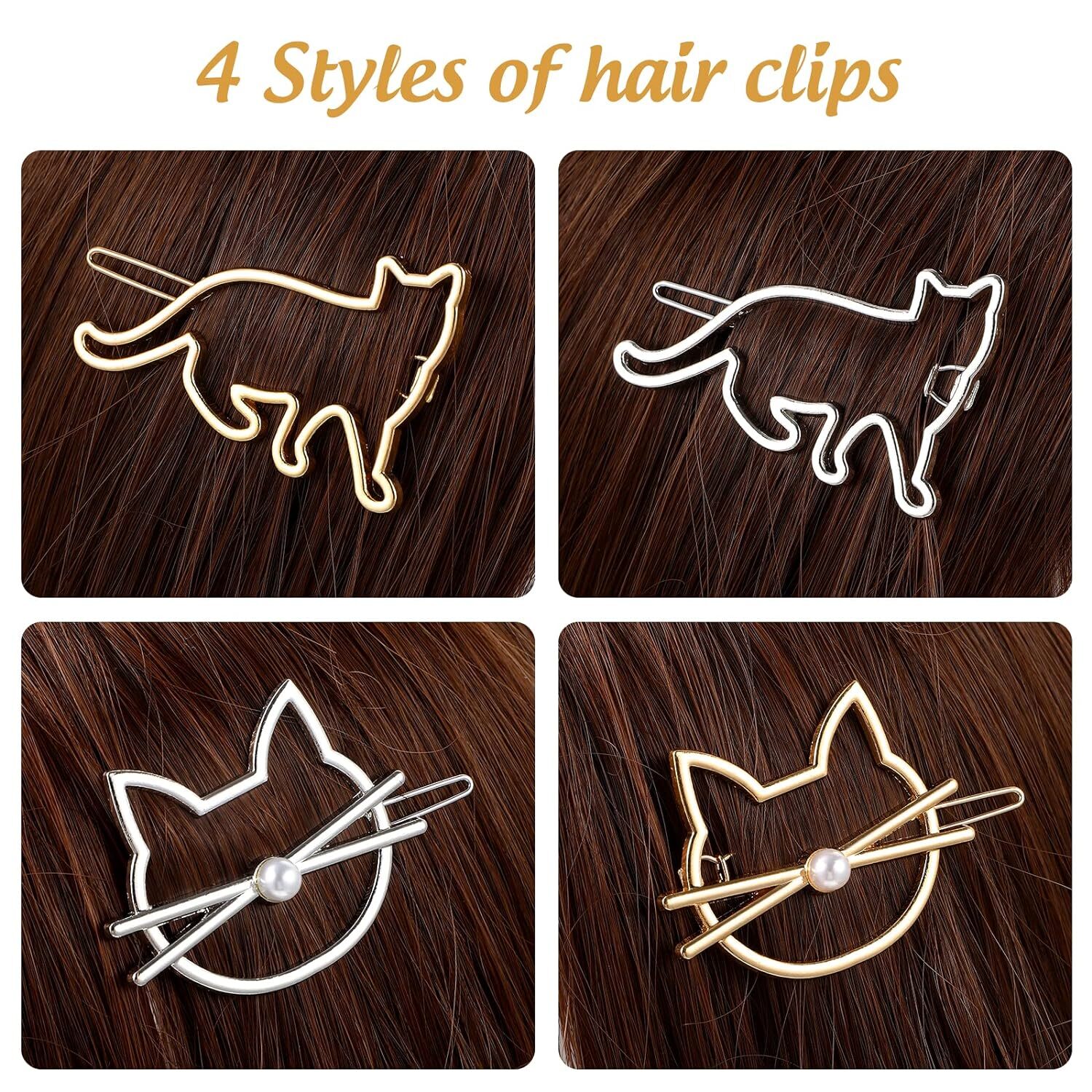 Frcolor Women Hair Clips, 4Pack Metal Novelty Pearl Cat Shaped Gold,Silver