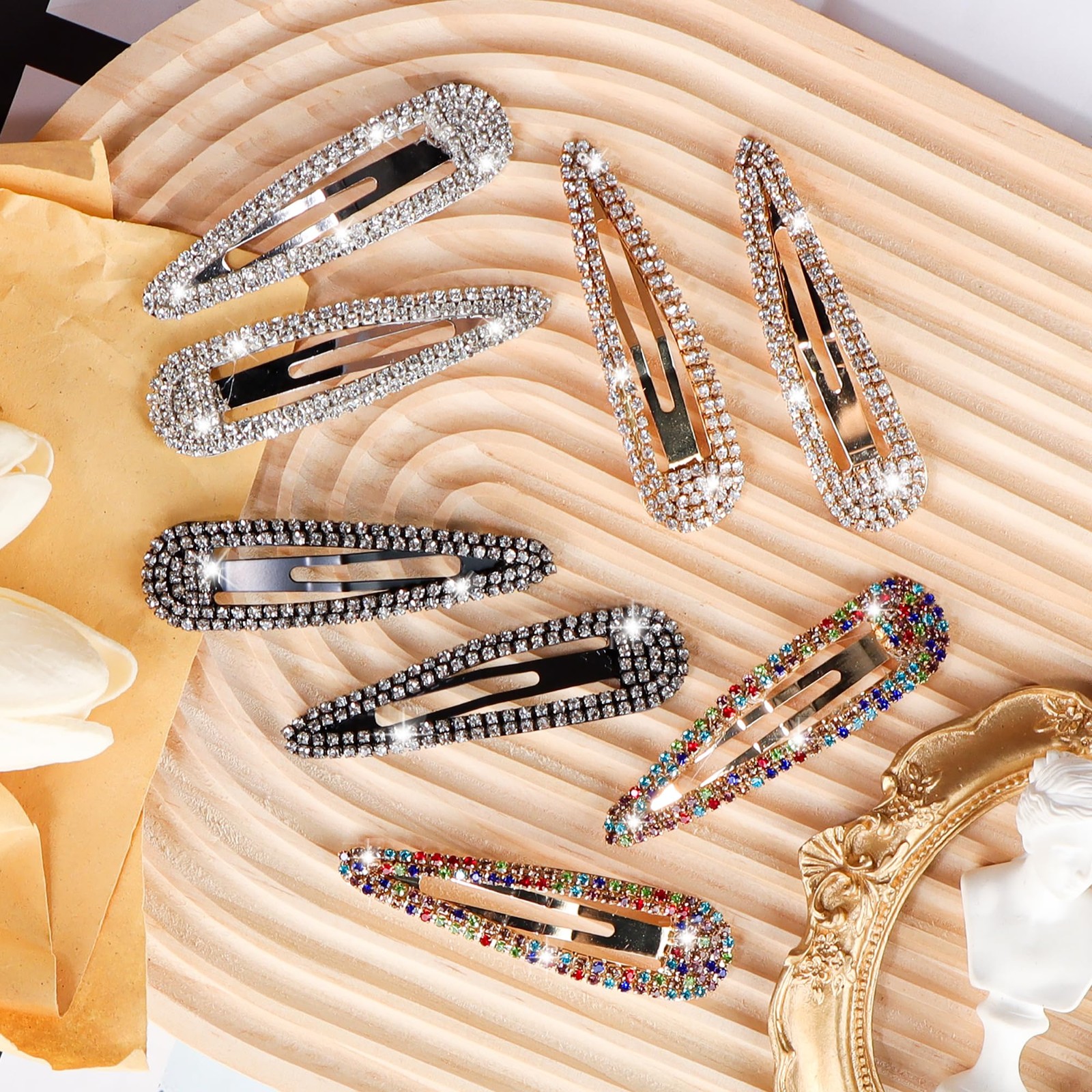 LOSANJI 8PCS Rhinestone Hair 1 Count (Pack of 8), Color, Gold, Silver, Black
