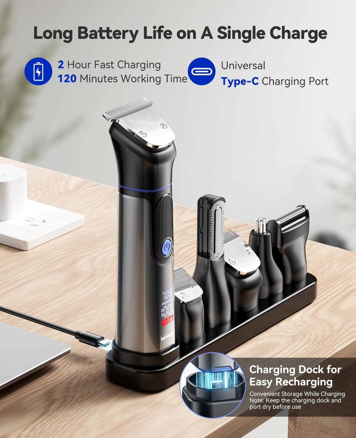 Kensen 6-in-1 Men’s Body Hair Trimmer Groomer Kit Waterproof Charging Base