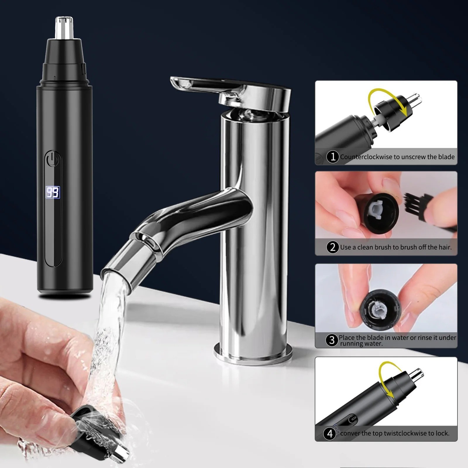 Ear and Nose Hair Trimmer with LED indicator USB Rechargeable Water Resistant