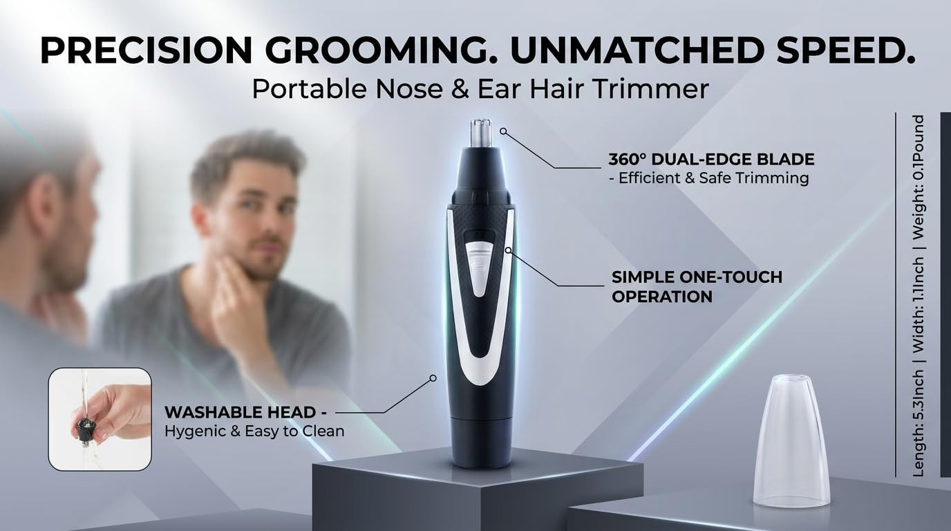 360 Rotating Nose Hair Trimmer Dual Edge Washing Quiet Ergonomic Grip