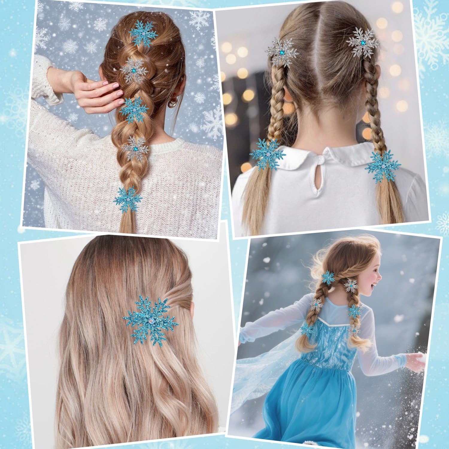 Atoden Sparkly Snowflake Hair Clips Barrettes 8Pcs Christmas Blue, Silver