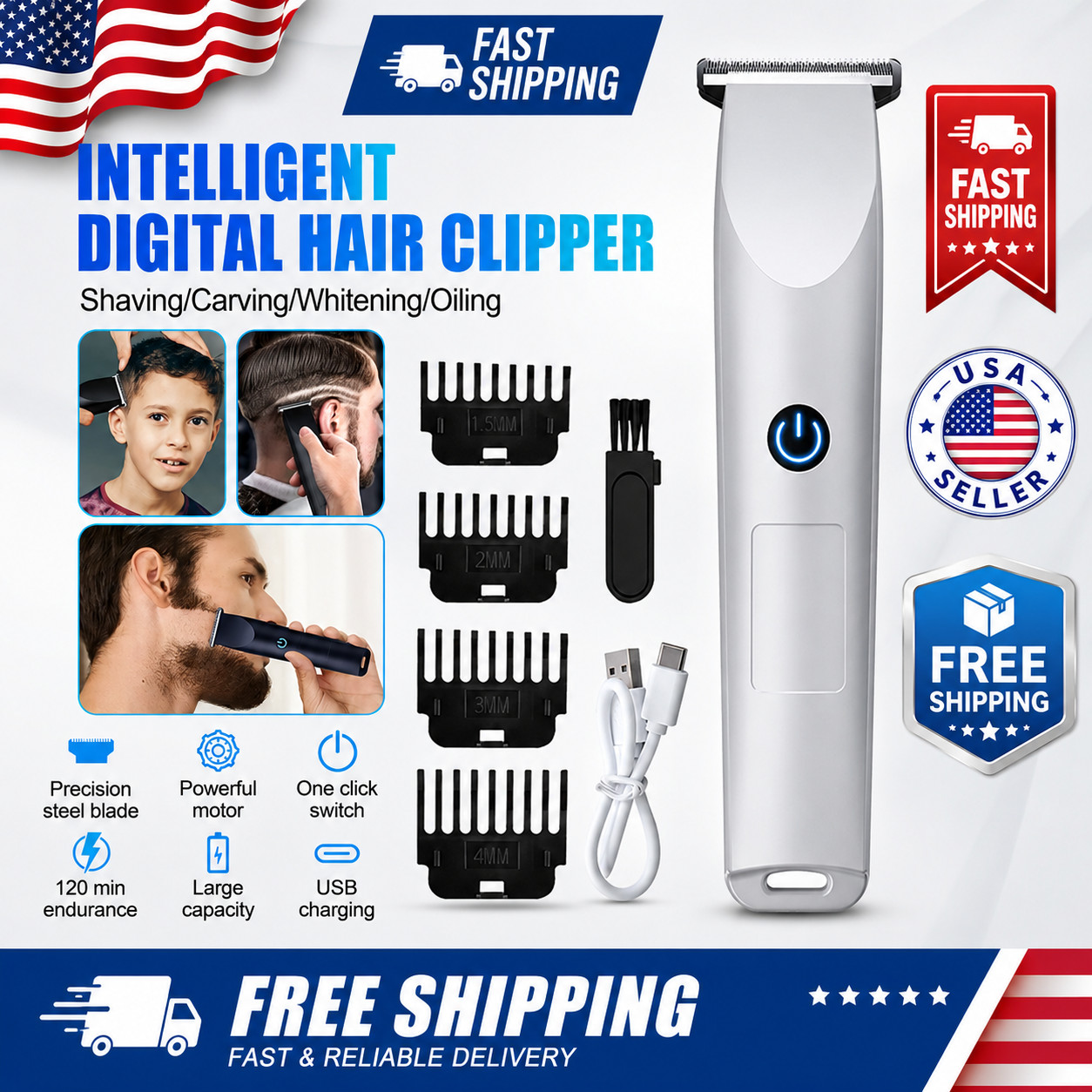 Professional Cordless Hair Clipper Beard Trimmer Electric Barber Shaver White