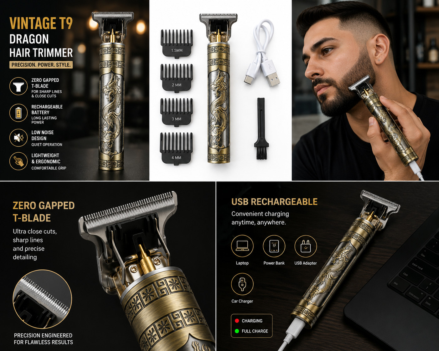 Vintage T9 Dragon Hair Trimmer Cordless Beard Clipper USB Rechargeable Men
