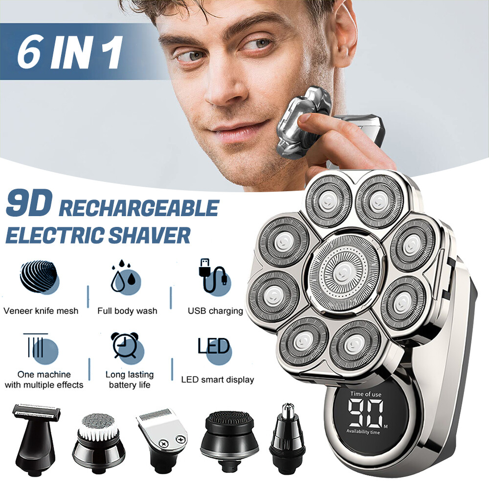 6 in 1 9D Rotary Electric Shaver Bald Head Razor Beard Trimmer Grooming Kit LED